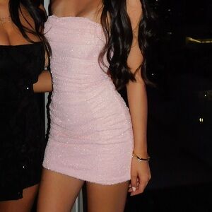 Oh Polly BASEL
Embellished Strapless Cowl Neck Mini Dress in Blush - 0